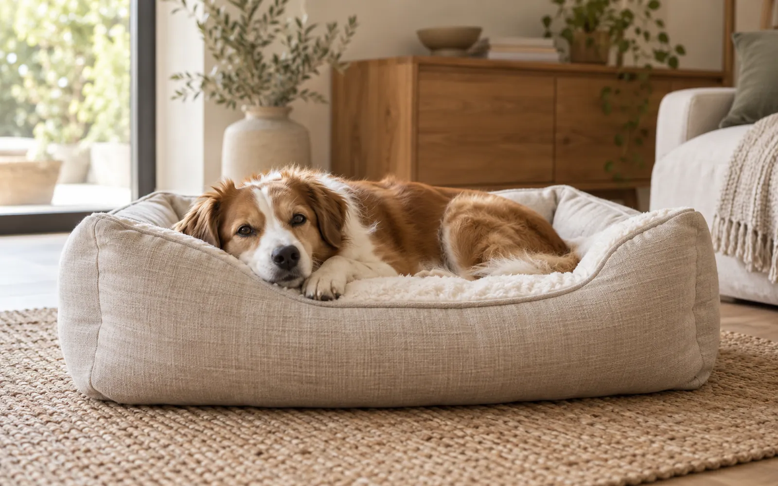 Editorial illustration of a dog resting in a soft bed in a bright living room